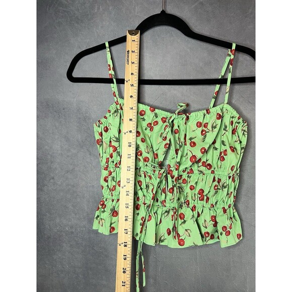 WAYF Cherries Green Camisole Top Elastic Trim Cotton Front Cut Out Ties Women S - Picture 10 of 12